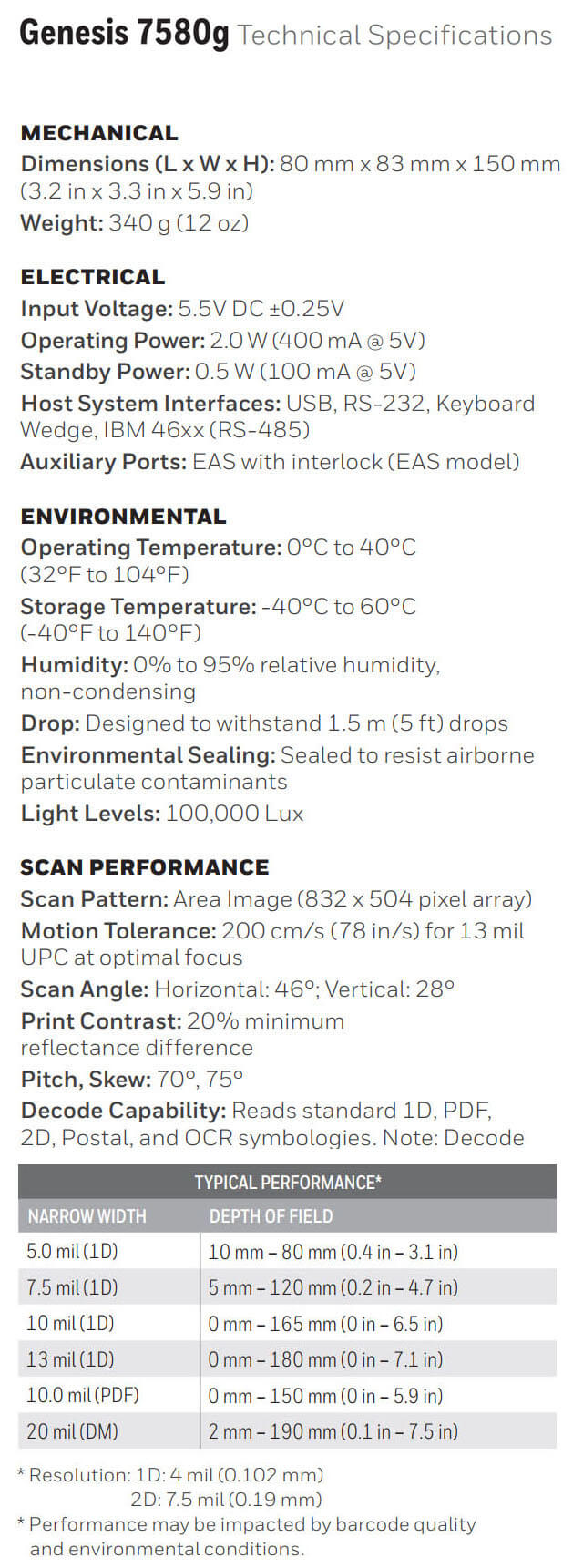 Fiche technique du scanner mains libres Honeywell Genesis 7580g