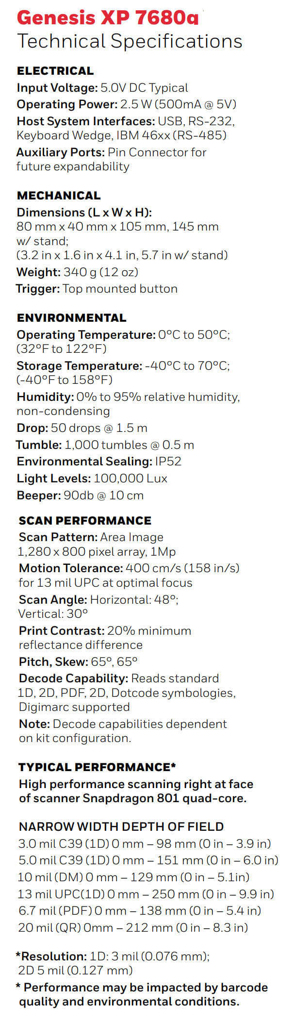 Honeywell Genesis XP 7680g datasheet