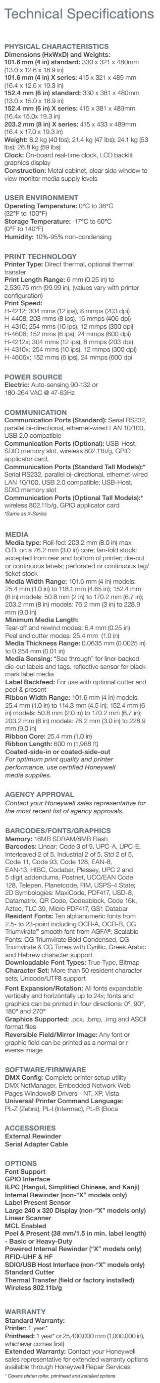 Honeywell H-Class Industrial Printer data sheet