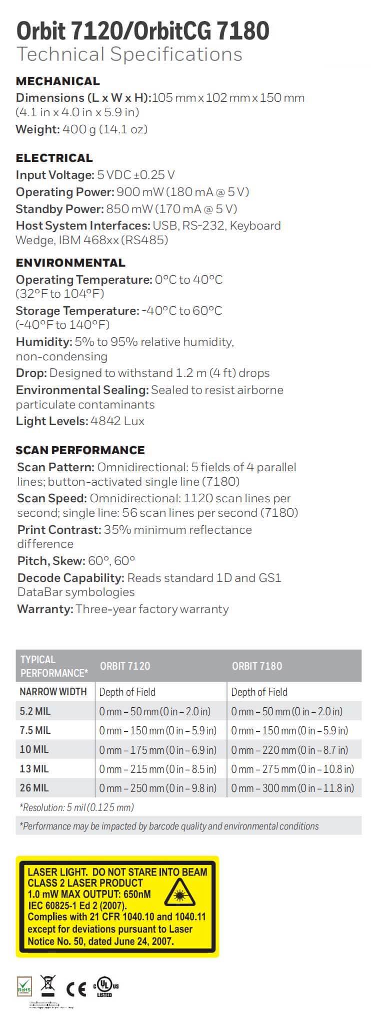 Fiche technique du scanner mains libres Honeywell Orbit 7120