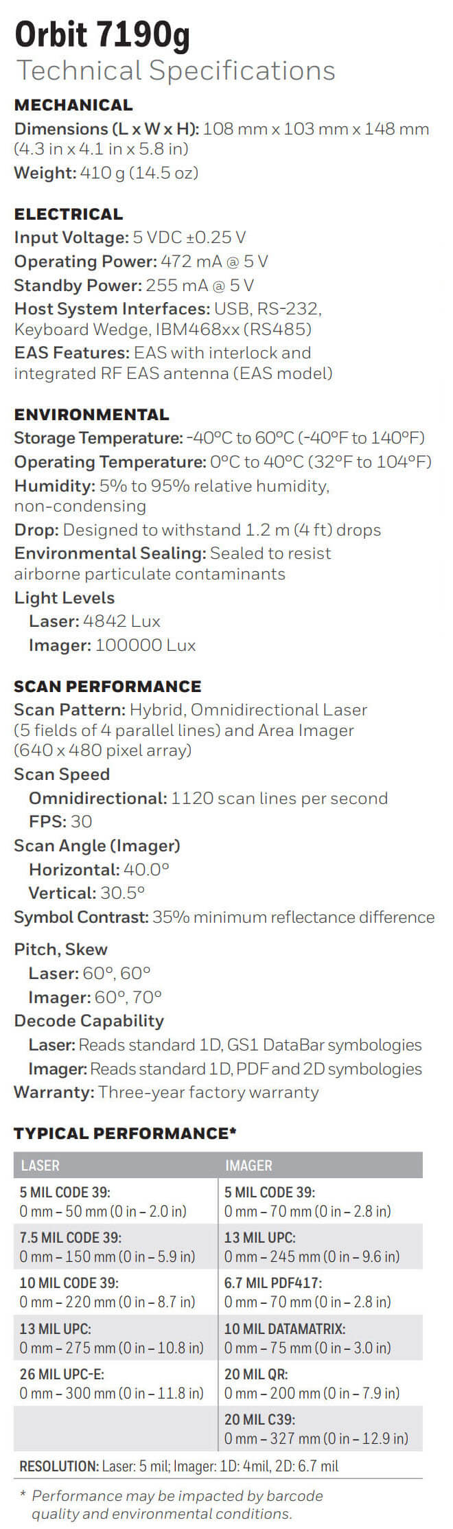 Fiche technique du scanner de présentation hybride Honeywell Orbit 7190g