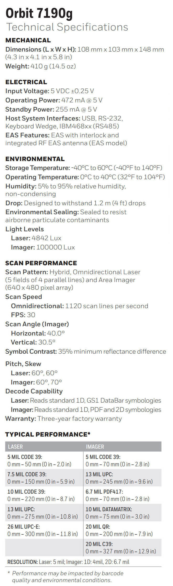 Honeywell Orbit 7190g Hybrid Presentation Scanner data sheet