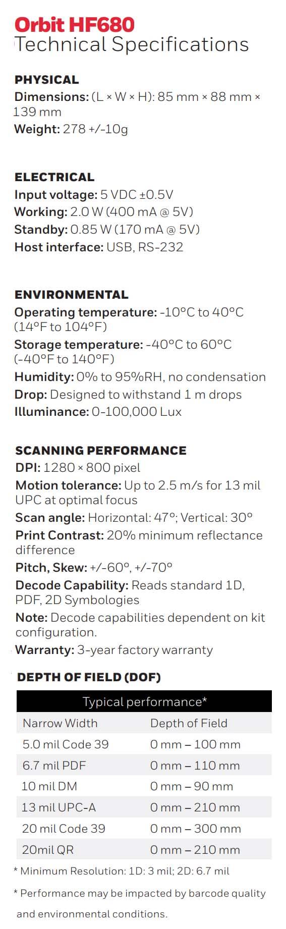 Honeywell Orbit HF680 2D Hands-Free Area-Imaging Scanner data sheet