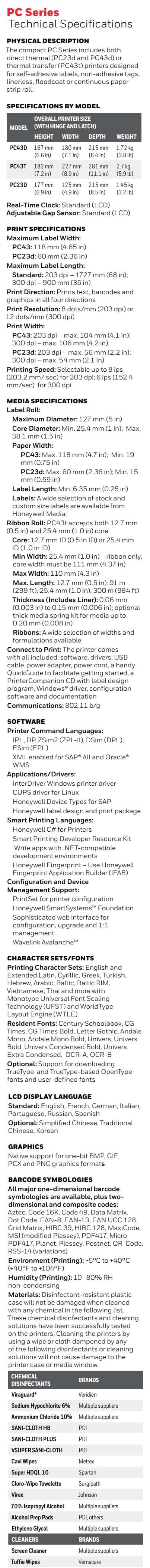 Fiche technique de l'imprimante de codes-barres thermique directe de bureau Honeywell PC23D PC43D PC43T-1
