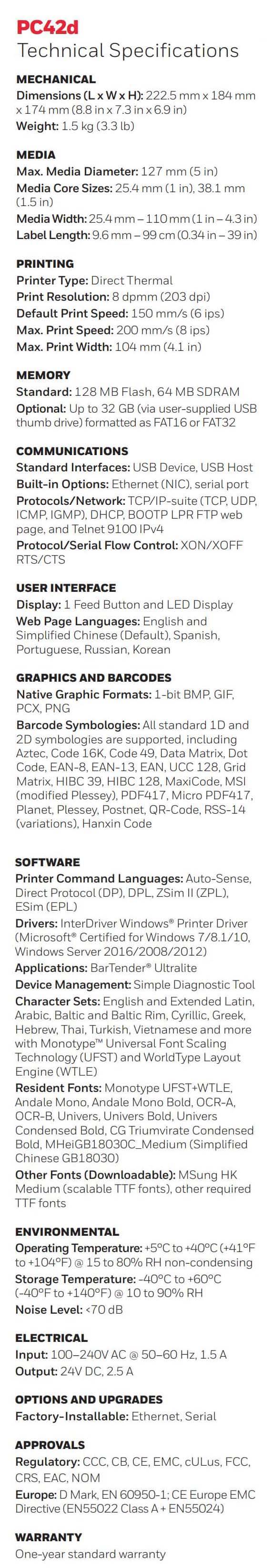 Honeywell PC42D Desktop Direct Thermal Barcode Printer data sheet