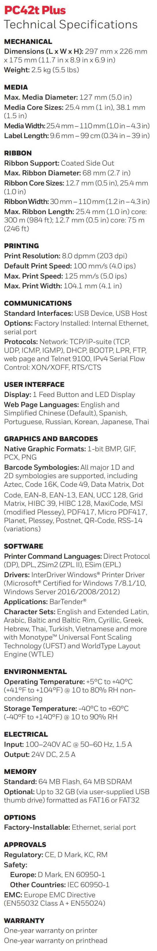Honeywell PC42T Desktop Thermal Transfer Barcode Printer data sheet