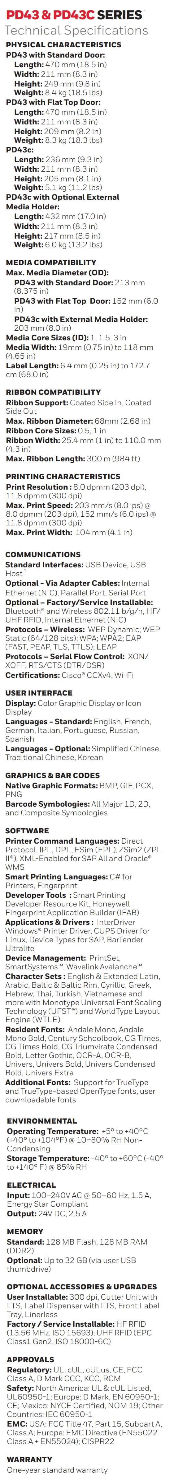 Honeywell PD43 PD43C Industrial Printer data sheet