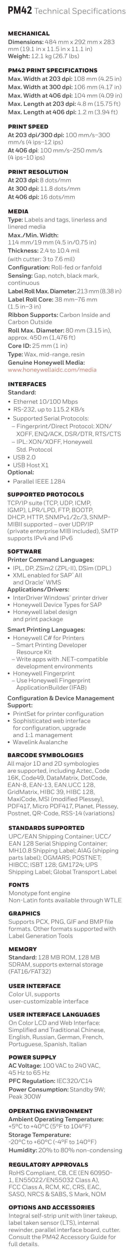 Ficha técnica de la impresora de etiquetas industrial Honeywell PM42