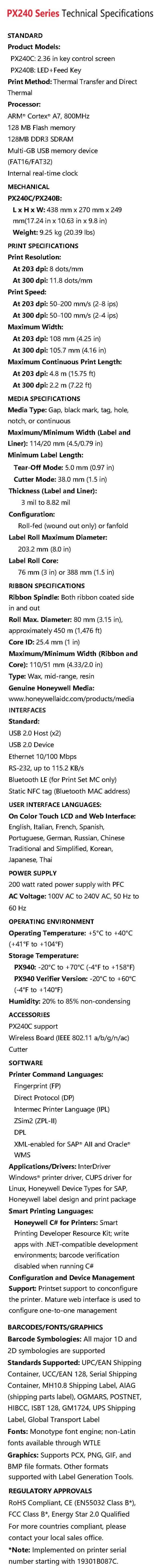 Honeywell PX240 industrial printer data sheet
