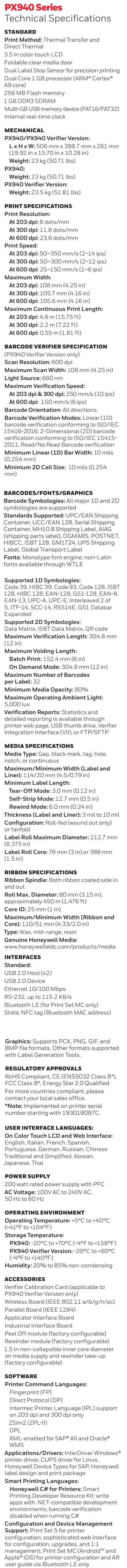 Honeywell PX940 Industrial Printer datasheet