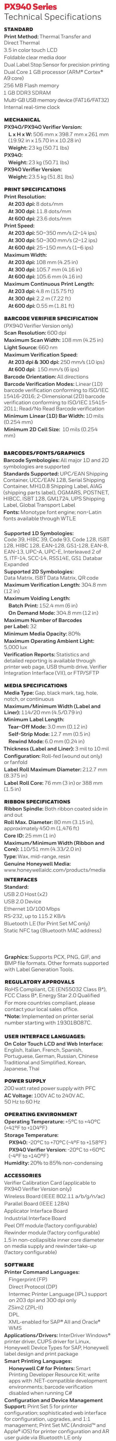 Hoja de datos de la impresora industrial Honeywell PX940