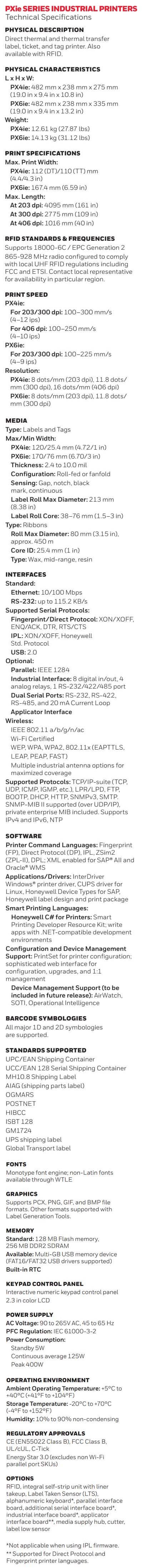 Fiche technique de l'imprimante industrielle Honeywell PXie Series