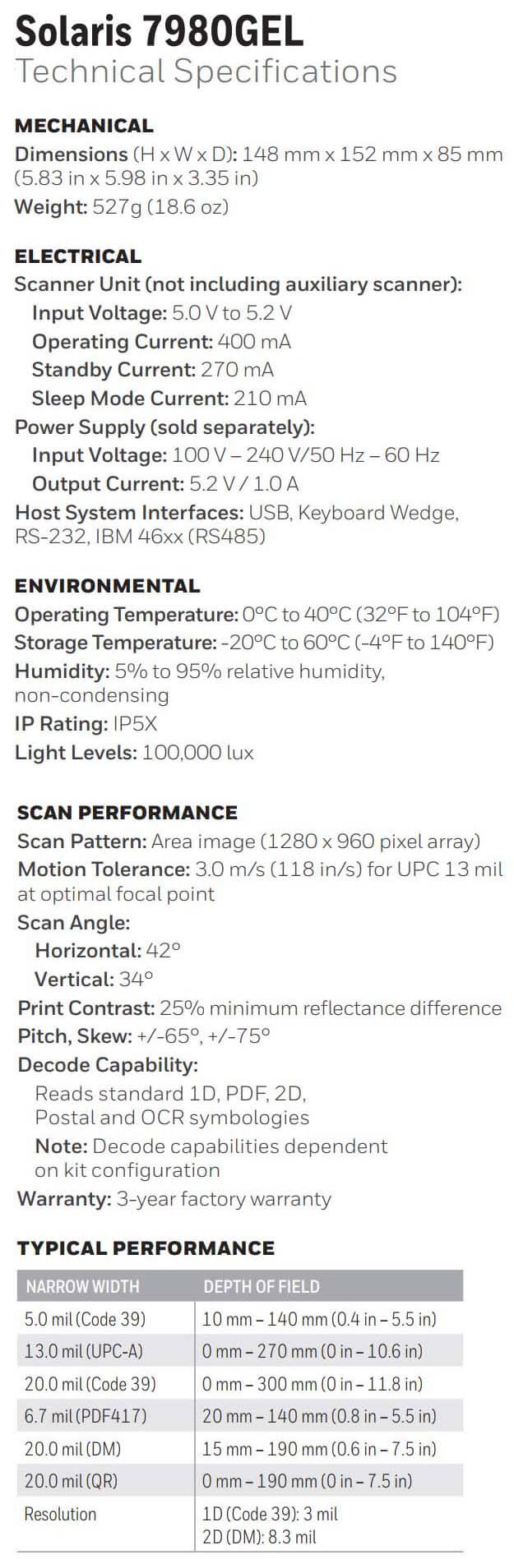 Honeywell Solaris 7980g Upgradeable Hands-Free Scanner data sheet