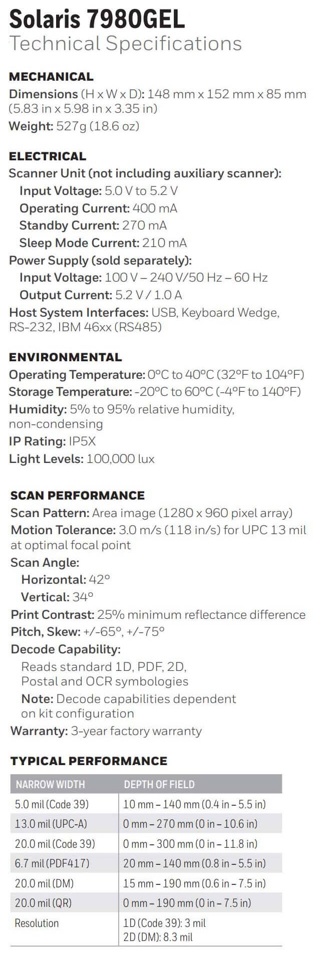 Hoja de datos del escáner manos libres actualizable Honeywell Solaris 7980g