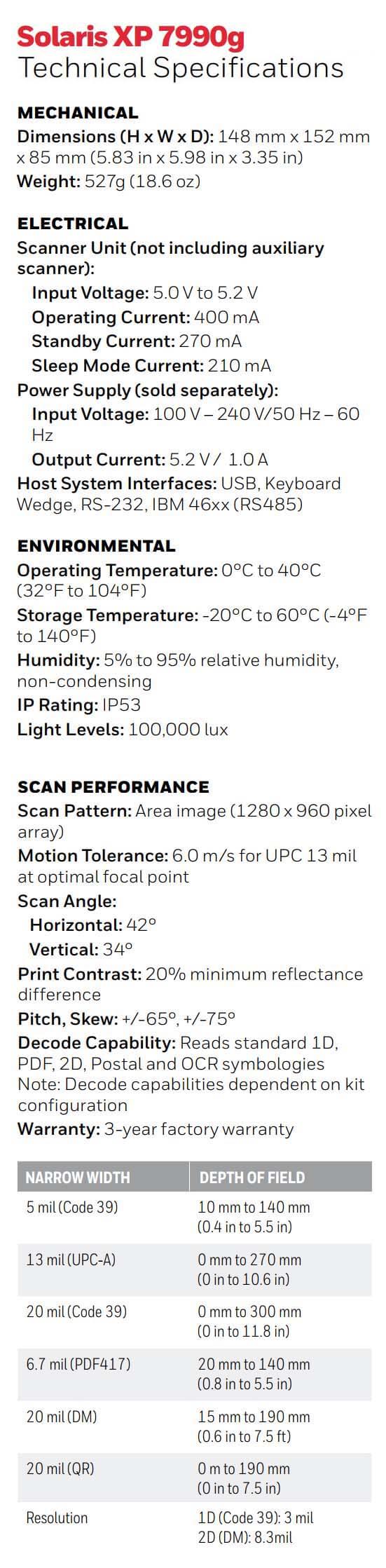 Honeywell Solaris XP 7990G Area-Imaging Vertical Slot Scanner data sheet
