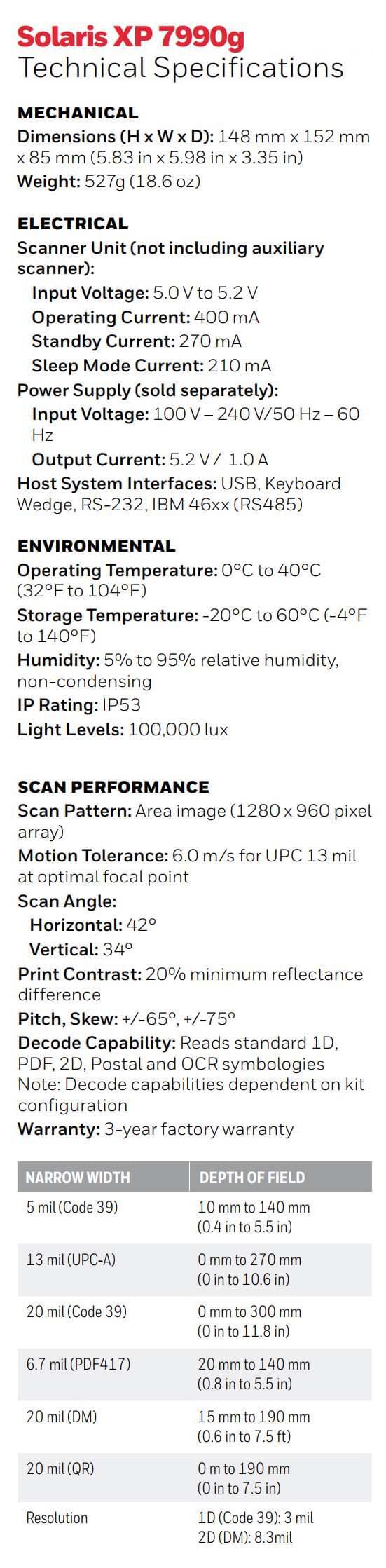 Fiche technique du scanner à fente verticale à imagerie de zone Honeywell Solaris XP 7990G