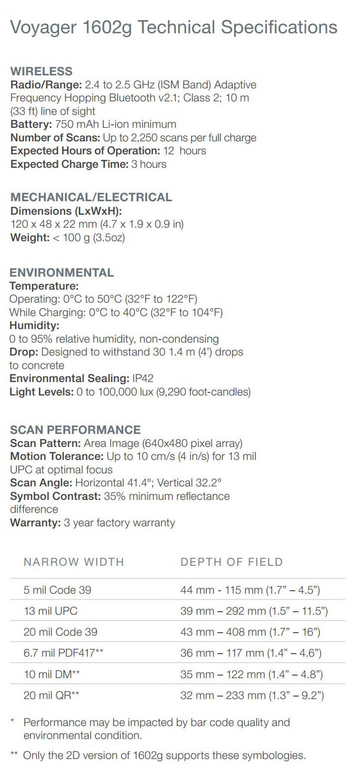 Fiche technique du scanner de poche Honeywell Voyager 1602g