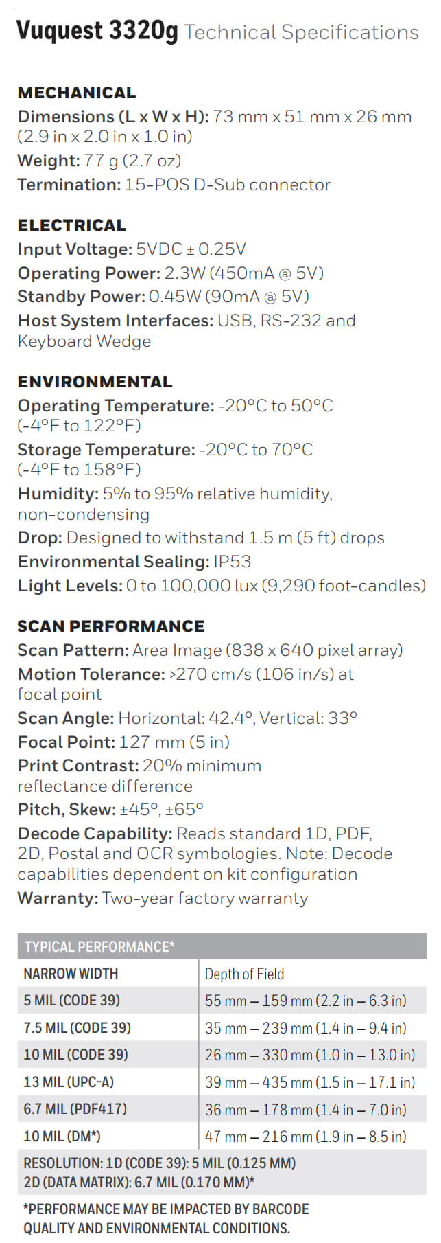 Honeywell Vuquest 3320g Area-Imaging Scanner datasheet