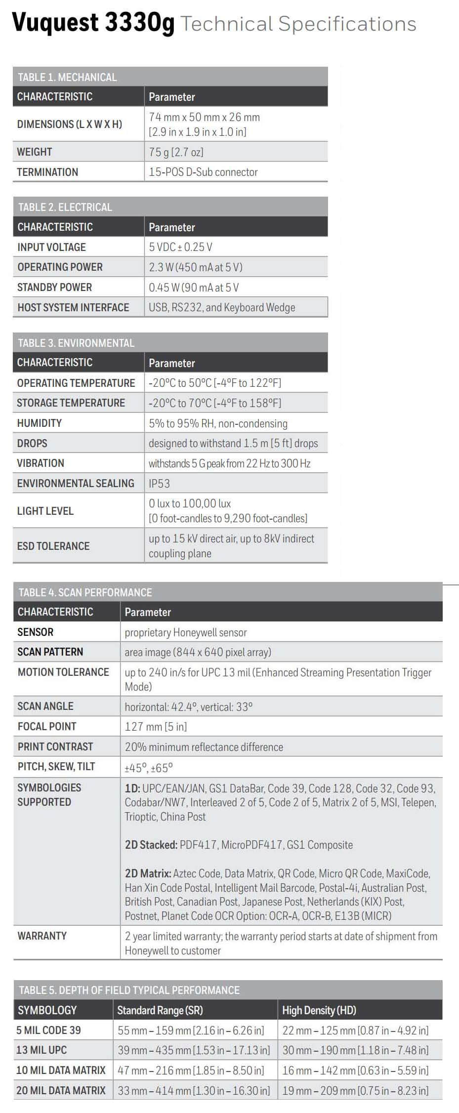 Honeywell Vuquest 3330g Technical Specifications