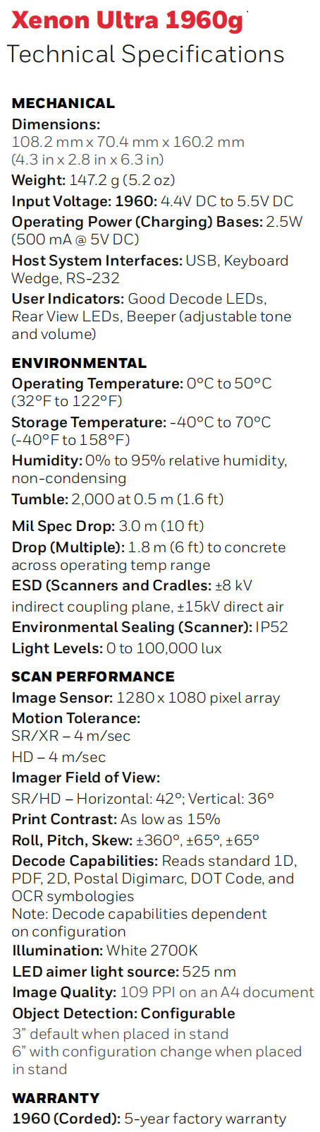 Honeywell xenon ultra 1960 datasheet