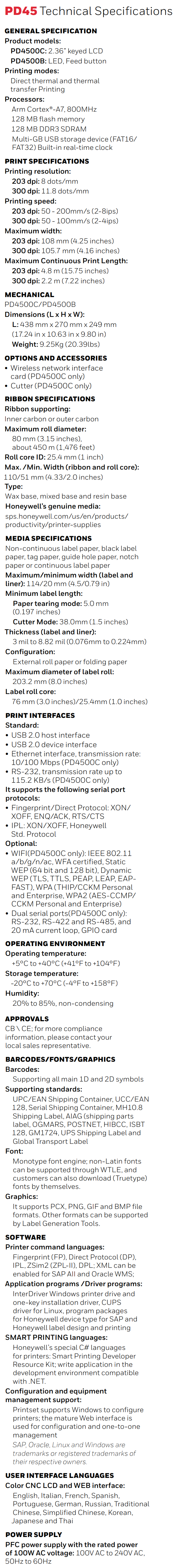 Honeywell PD45 Industrial Label Printer datasheet