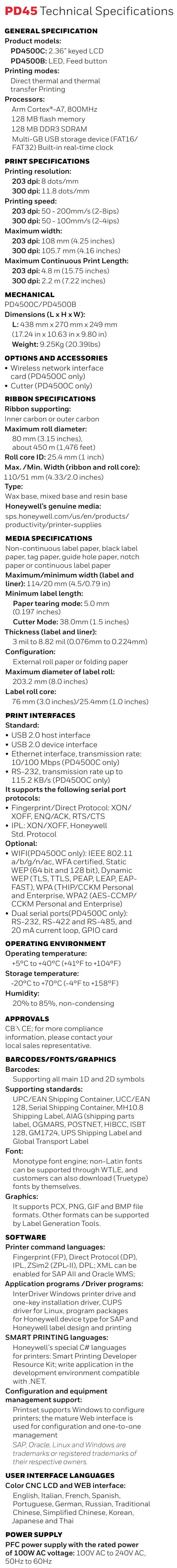 Ficha técnica de la impresora de etiquetas industrial Honeywell PD45