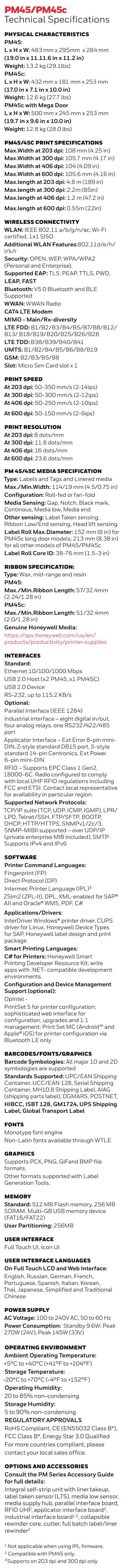 Fiche technique des imprimantes industrielles RFID PM45 / PM45c