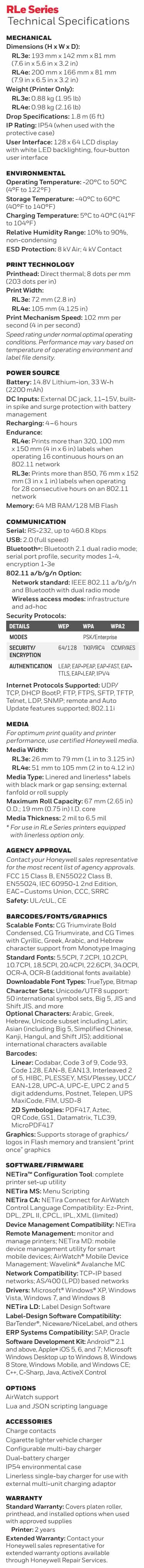 Fiche technique de l'imprimante d'étiquettes mobile Honeywell RL3e RL4e