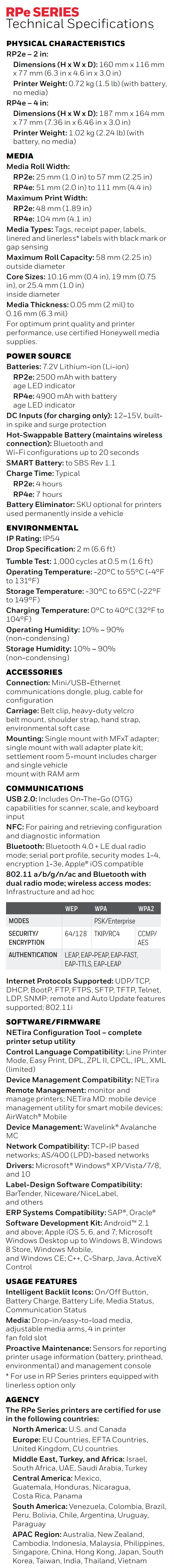 Fiche technique de l'imprimante mobile robuste Honeywell RP2e série RP4e