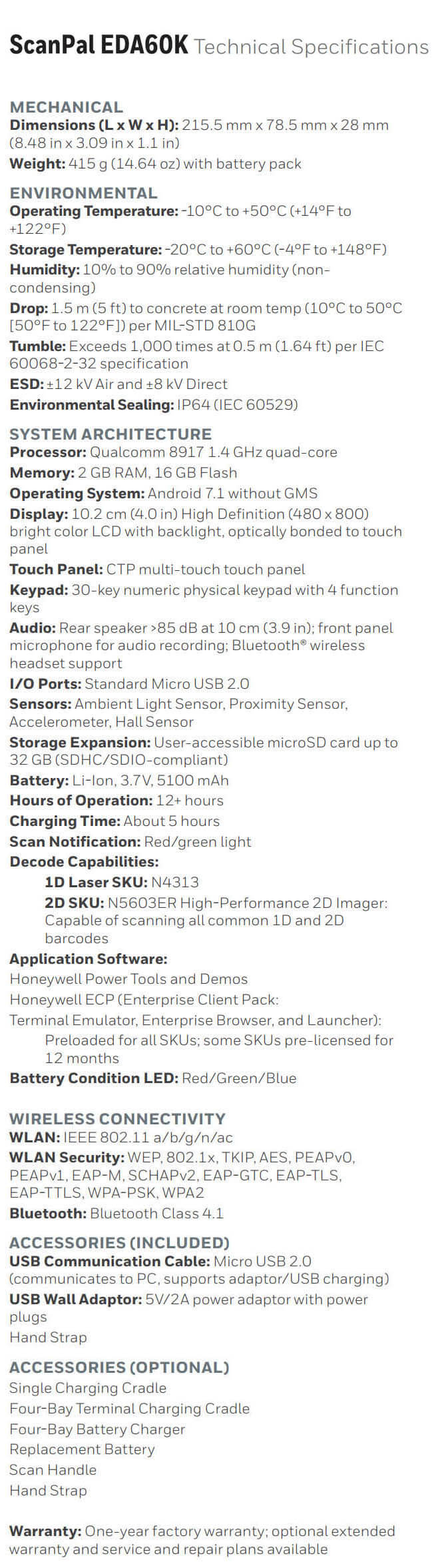 Fiche technique de l'ordinateur mobile ScanPal EDA60K