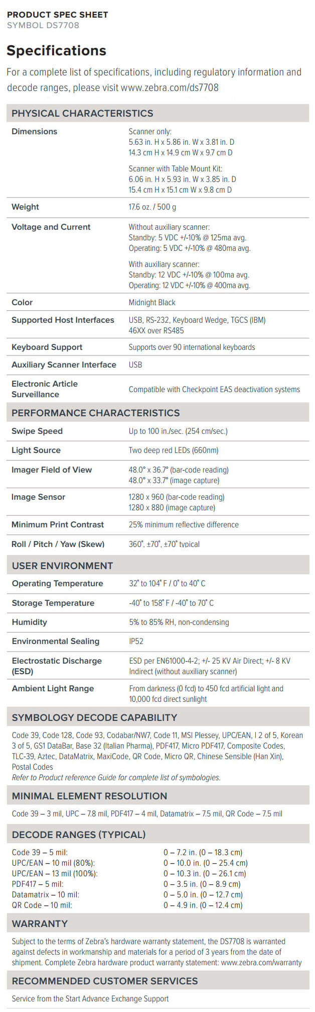 Zebra Symbol DS7708 data sheet