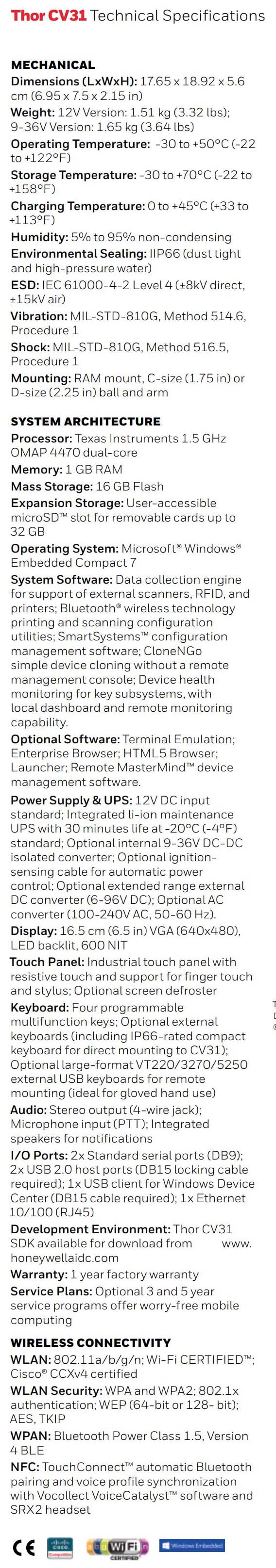 Fiche technique de l'ordinateur embarqué Honeywell Thor CV31