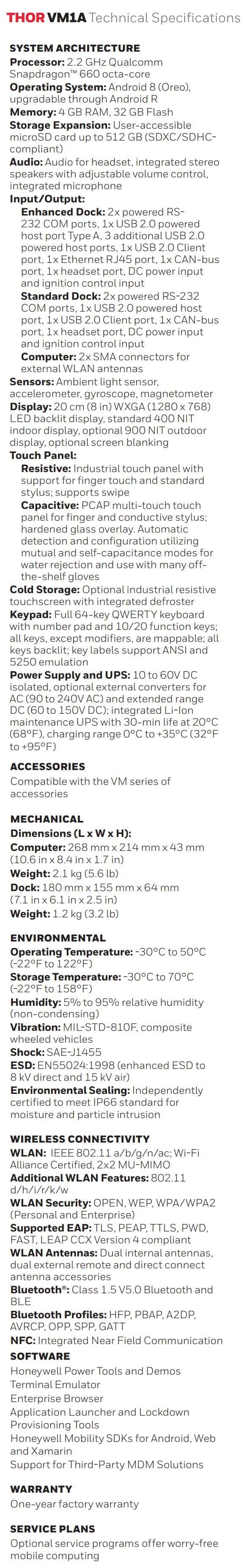Ficha técnica de la computadora montada en vehículo Honeywell Thor VM1A