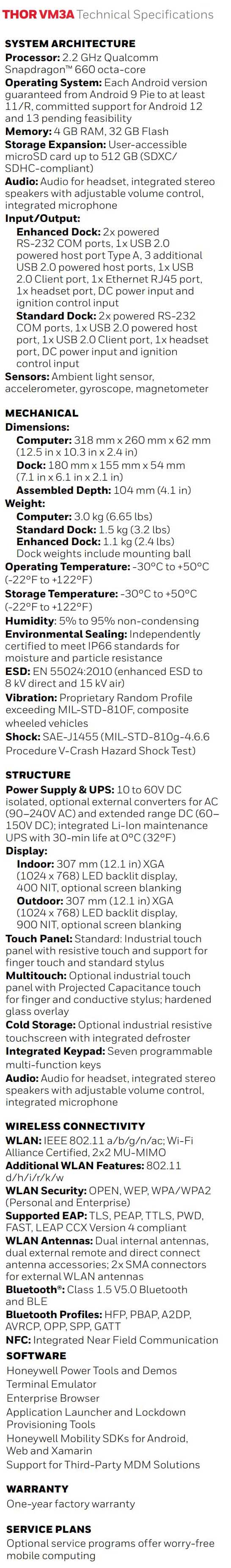 Fiche technique de l'ordinateur monté sur véhicule Honeywell Thor VM3A