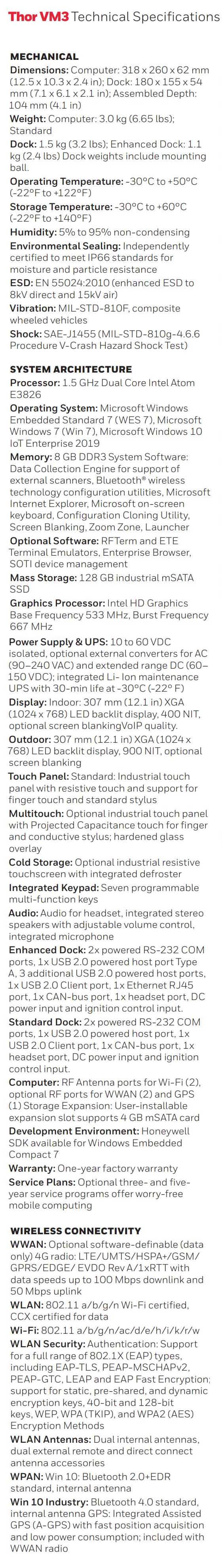 Ficha técnica de la computadora montada en vehículo Honeywell Thor VM3