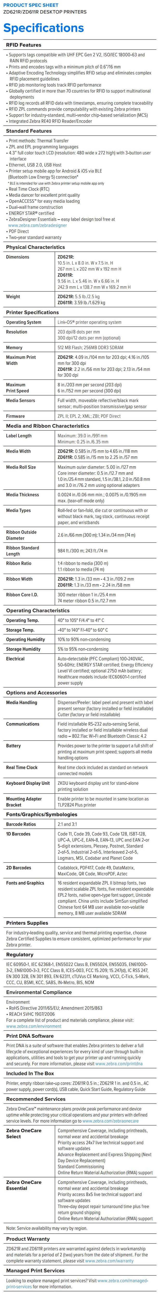 ZD621R ZD611R  RFID Desktop Printer data sheet