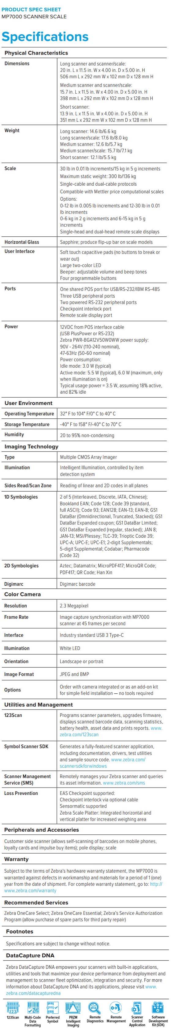Zebra MP7000 Scanner Scale data sheet
