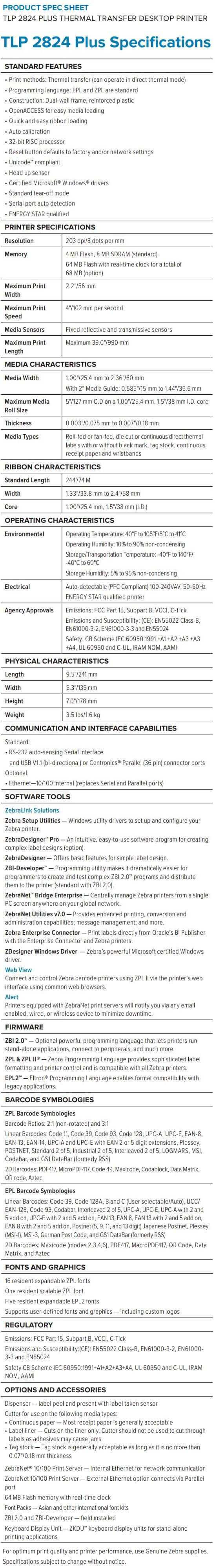 Zebra TLP 2824 Plus Desktop Printed data sheet