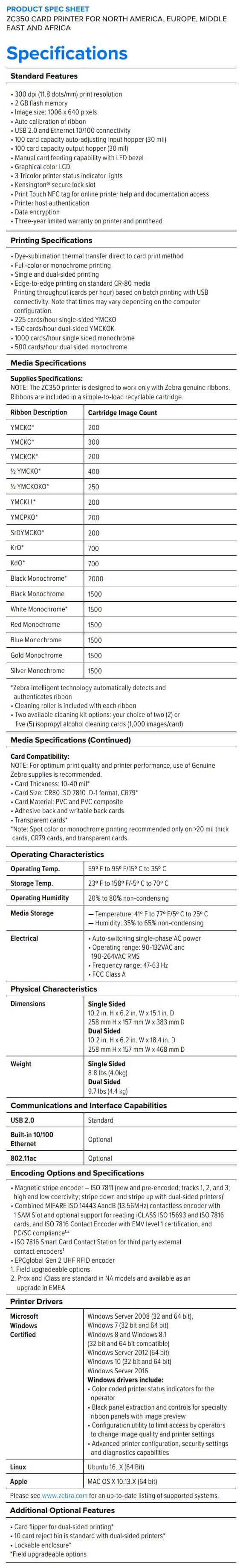 Ficha técnica de la impresora de tarjetas Zebra ZC350