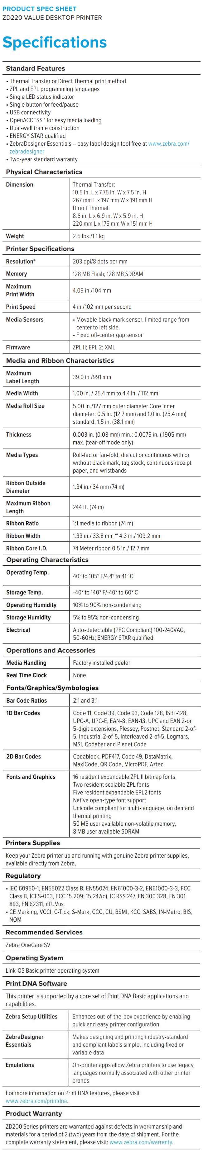 Zebra ZD220 desktop printer data sheet