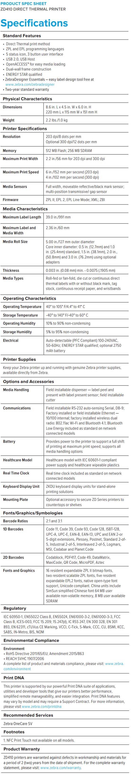 Zebra ZD410 Direct Thermal Printer data sheet
