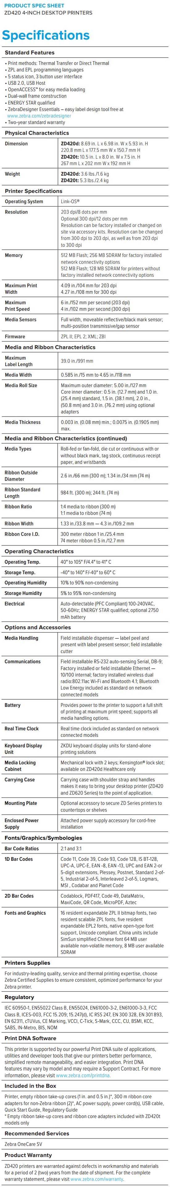 Zebra ZD420 Desktop Printers data sheet