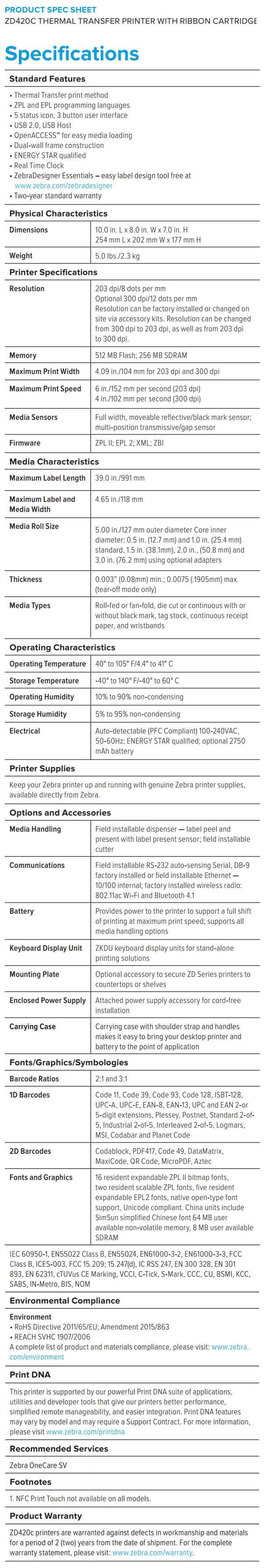 Zebra ZD420c Thermal Transfer Printer data sheet