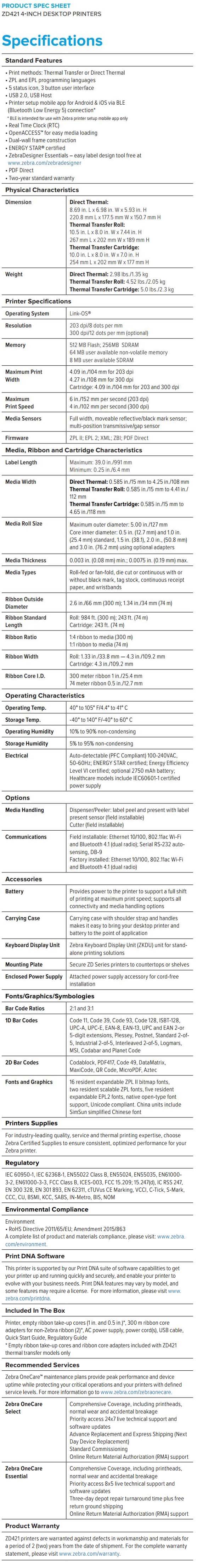 Zebra ZD421 Desktop Printers data sheet