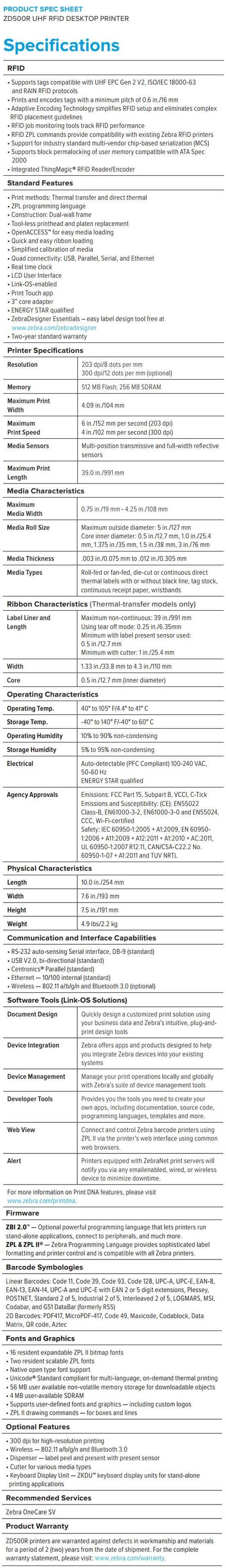 Zebra ZD500R UHF RFID Desktop Printer data sheet