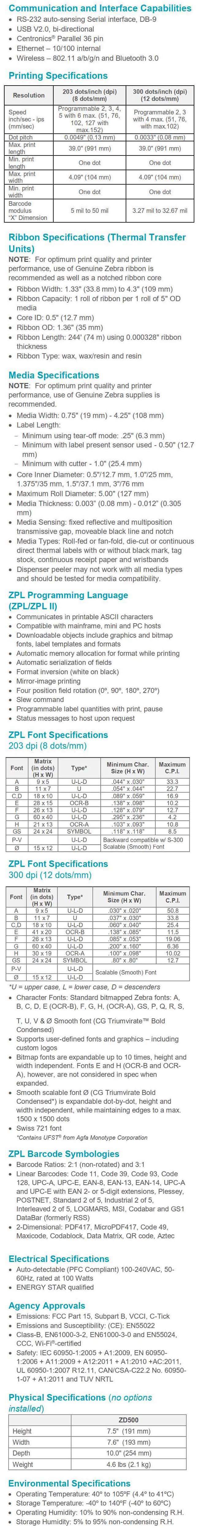 Ficha técnica de la impresora de escritorio Zebra ZD500