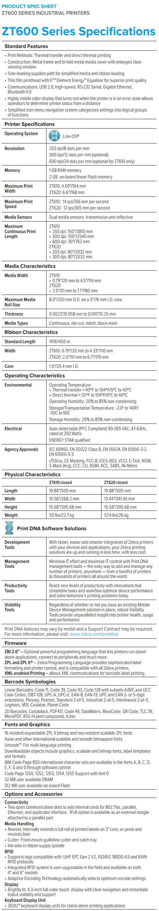 Zebra ZT600 Series Industrial Printers data sheet