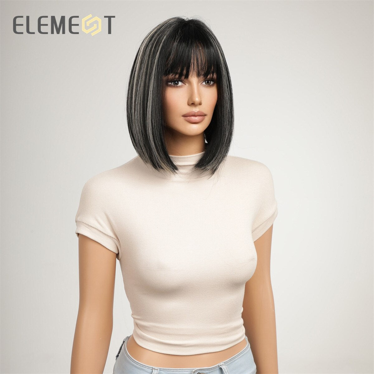 Synthetic Short Straight Black Mixed White Hair Cute Bob Wigs
