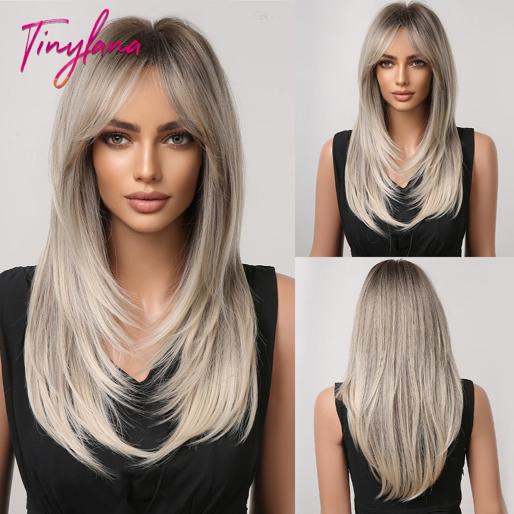 Long Straight Gray Ash Blonde Synthetic Hair Wigs