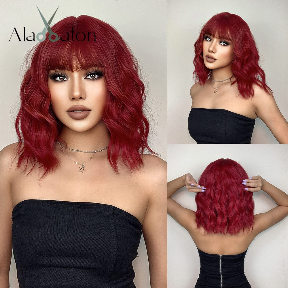 Short Red Water Wave Synthetic Wigs